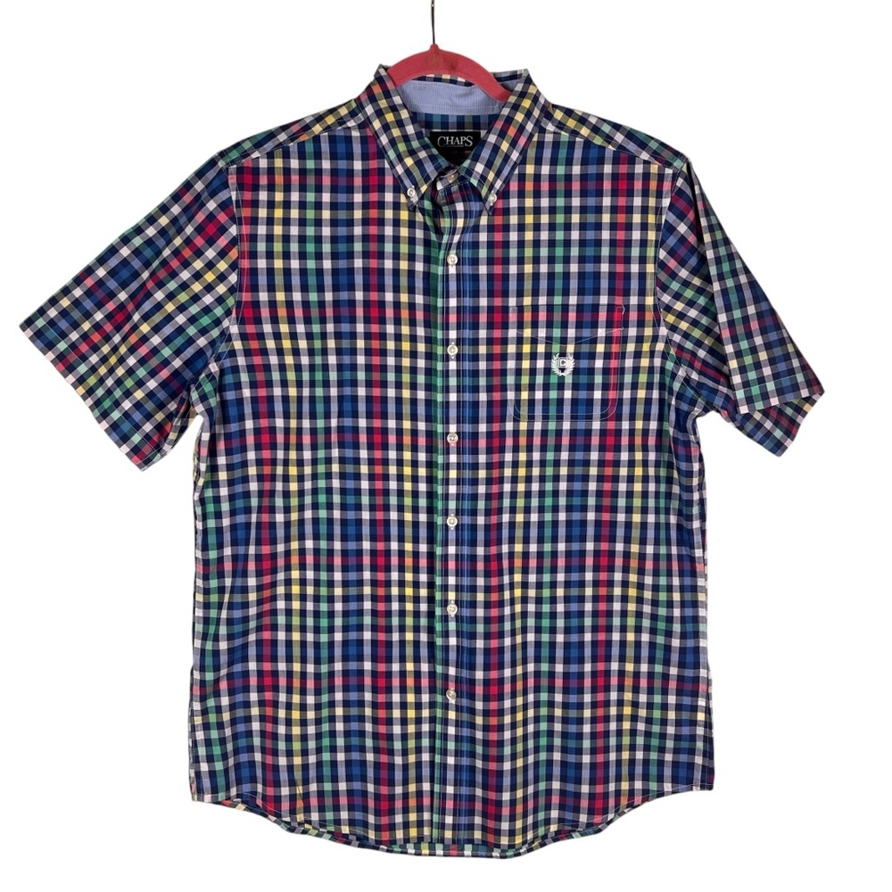 Chaps Easy Care Plaid Short Sleeve Button Up Shirt Men’s XL Easter Spring Blue